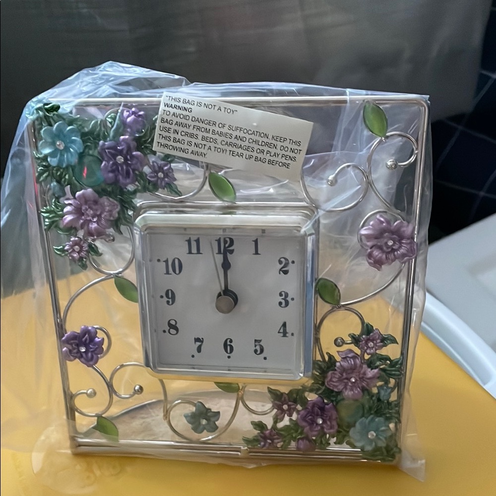 Floral Square Desk Clock with Purple and Green Accents